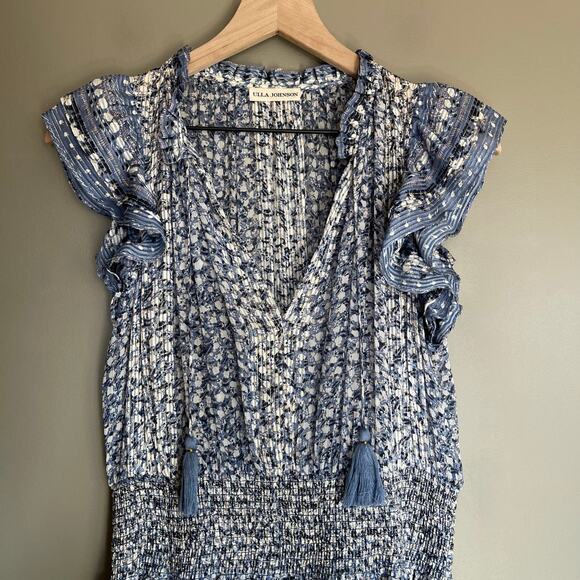 Ulla Johnson Nyssa Dress Sky Blue Silk Size 2 Ruffles Metallic Smocked Chic Boho - Picture 5 of 16
